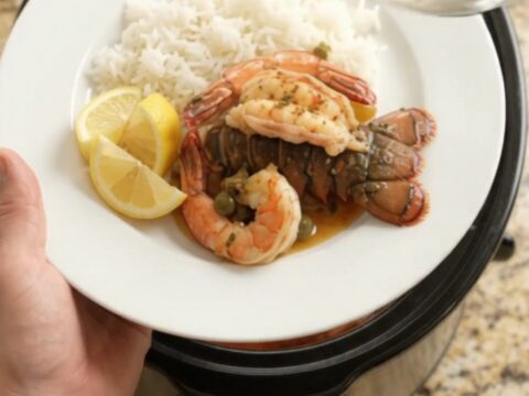 Crockpot lobster tails and shrimp in a spicy Cajun butter sauce with lemon and capers.