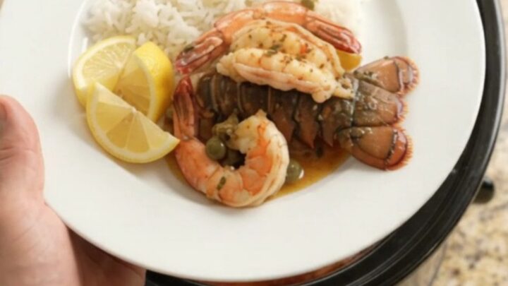 Crockpot lobster tails and shrimp in a spicy Cajun butter sauce with lemon and capers.