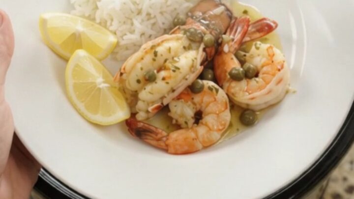 Slow cooker chili lime lobster tails and shrimp in a glossy butter sauce with lemon slices and capers.