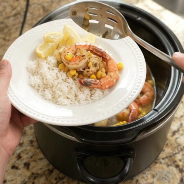 Slow cooker filled with lobster tails, shrimp, corn, and garlic in a golden butter sauce