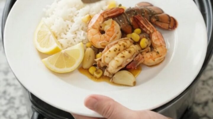 Crockpot with lobster tails, shrimp, corn, and garlic in a bubbling red butter sauce