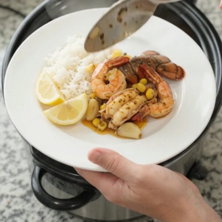 Crockpot with lobster tails, shrimp, corn, and garlic in a bubbling red butter sauce