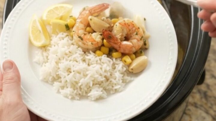 Slow cooker filled with buttered lobster tails, shrimp, corn, and garlic in a golden sauce