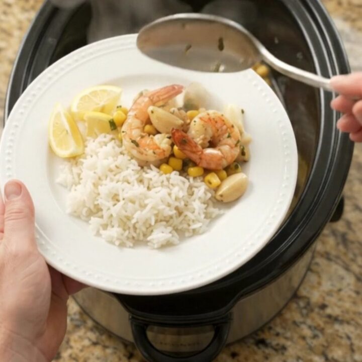 Slow cooker filled with buttered lobster tails, shrimp, corn, and garlic in a golden sauce