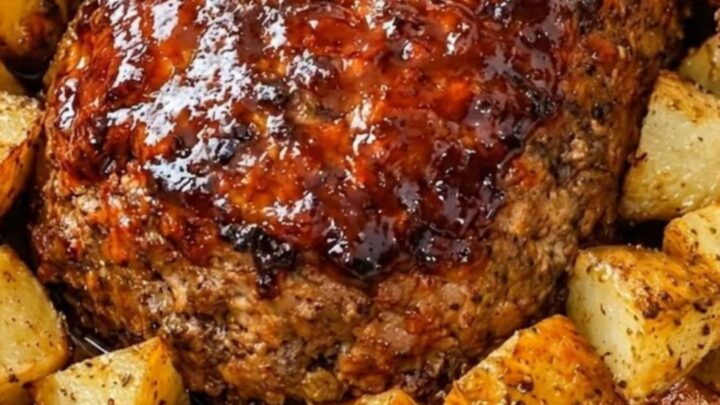 A glistening glazed beef meatloaf sits next to a pile of golden, crispy roasted potatoes on a platter.