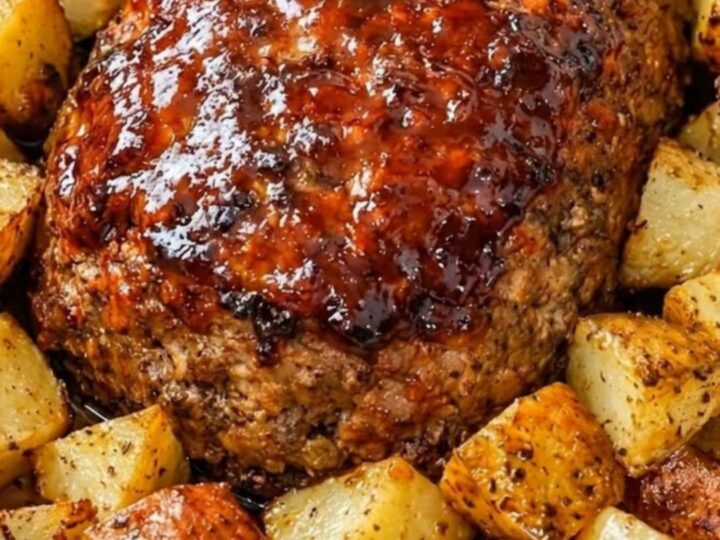 A glistening glazed beef meatloaf sits next to a pile of golden, crispy roasted potatoes on a platter.