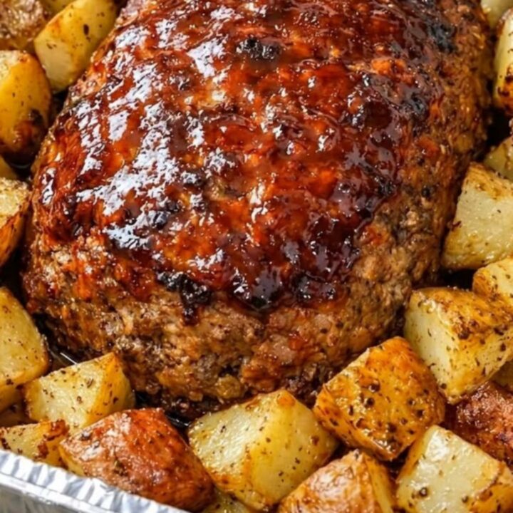 A glistening glazed beef meatloaf sits next to a pile of golden, crispy roasted potatoes on a platter.
