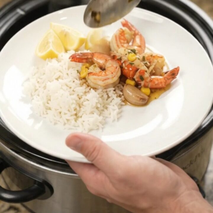 Slow cooker filled with lobster tails, shrimp, corn, and garlic in chili-lime butter