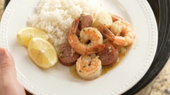 Slow cooker seafood boil with scallops, shrimp, and sausage in a buttery Old Bay sauce.