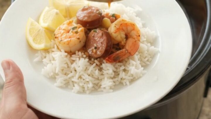 Slow cooker filled with scallops, shrimp, andouille, and potatoes in a red butter sauce.
