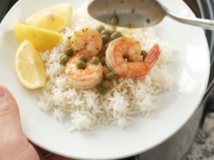 Golden slow-cooked sea scallops and shrimp in a lemon-caper butter sauce in a slow cooker