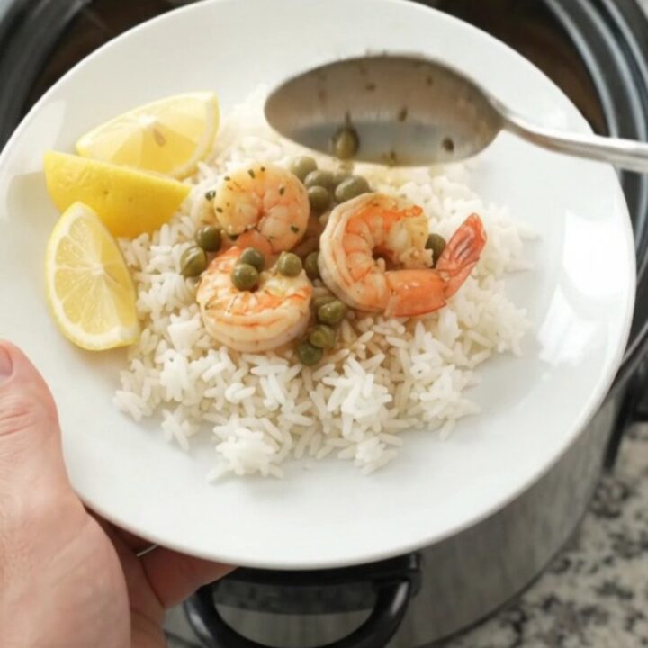 Golden slow-cooked sea scallops and shrimp in a lemon-caper butter sauce in a slow cooker