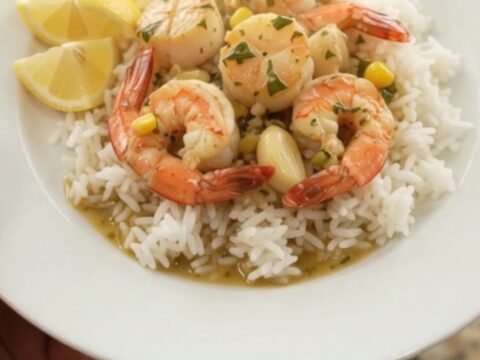 Slow cooker with sea scallops, shrimp, corn, and garlic in a buttery sauce