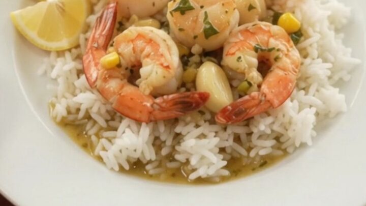 Slow cooker with sea scallops, shrimp, corn, and garlic in a buttery sauce