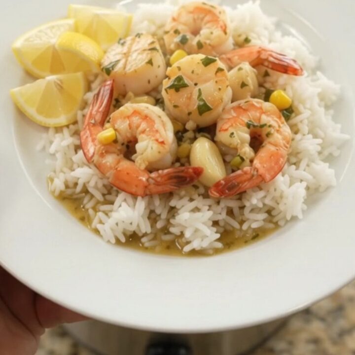 Slow cooker with sea scallops, shrimp, corn, and garlic in a buttery sauce