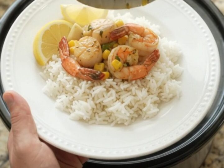 Slow cooker filled with sea scallops, shrimp, corn, and garlic in chili-lime butter sauce