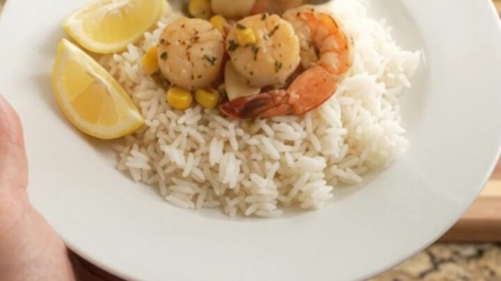 Slow cooker filled with scallops, shrimp, corn, and garlic in a golden butter sauce