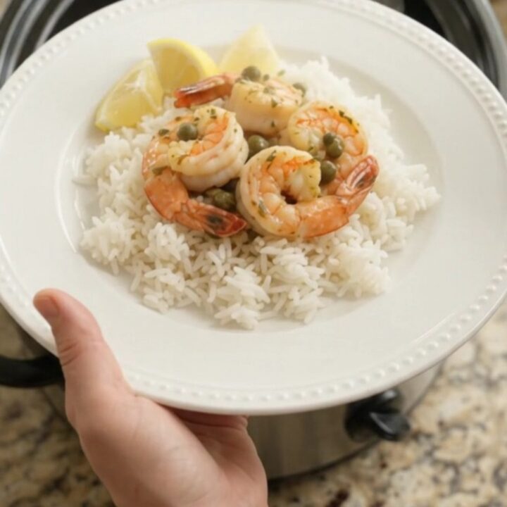 Golden sea scallops and shrimp in a buttery lemon-caper sauce in a slow cooker