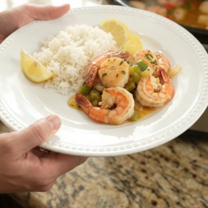 Slow cooker chili lime butter sea scallops and shrimp with bell peppers and onions, glistening in a glossy sauce.