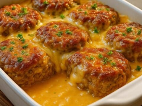 A close-up view of a fork lifting a tender meatball from a creamy casserole dish with stretchy, melted cheese.