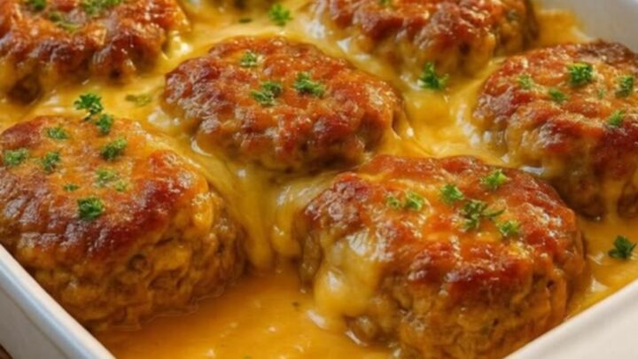 A close-up view of a fork lifting a tender meatball from a creamy casserole dish with stretchy, melted cheese.