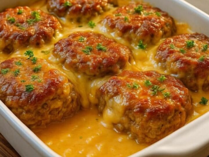 A close-up view of a fork lifting a tender meatball from a creamy casserole dish with stretchy, melted cheese.