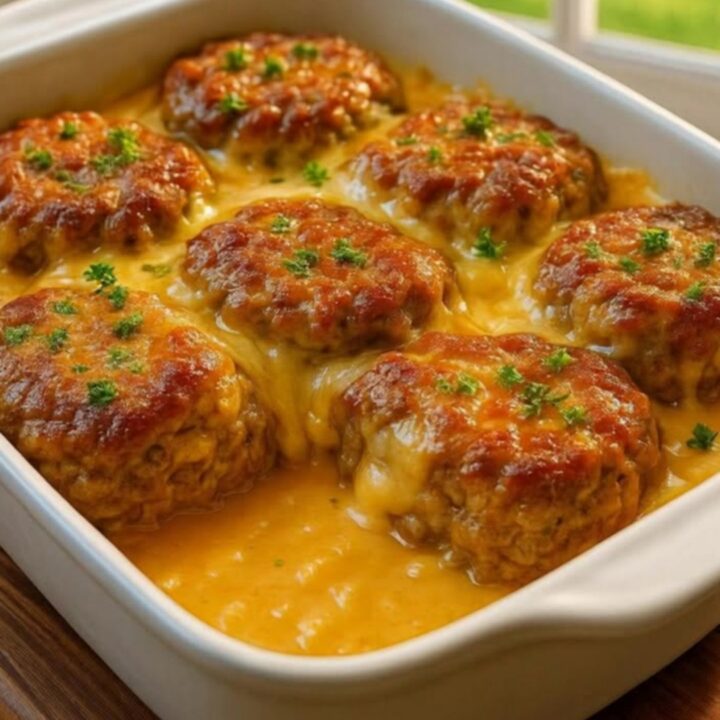 A close-up view of a fork lifting a tender meatball from a creamy casserole dish with stretchy, melted cheese.