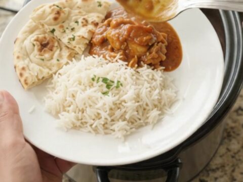 Slow cooker chicken tikka masala with creamy sauce, topped with ghee and cream swirl