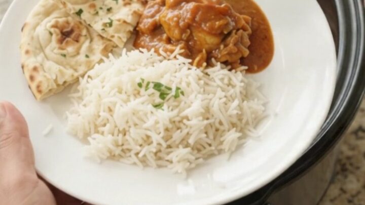 Slow cooker chicken tikka masala with creamy sauce, topped with ghee and cream swirl