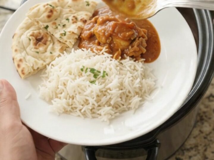 Slow cooker chicken tikka masala with creamy sauce, topped with ghee and cream swirl