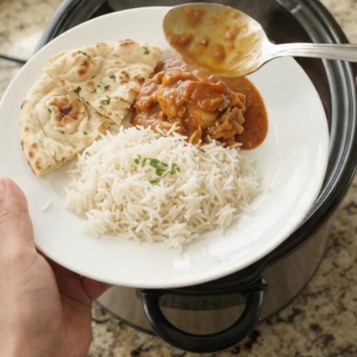 Slow cooker chicken tikka masala with creamy sauce, topped with ghee and cream swirl