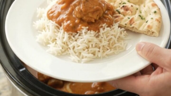 Slow cooker makhani chicken with creamy orange sauce, garnished with cilantro