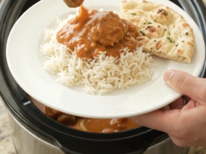 Slow cooker makhani chicken with creamy orange sauce, garnished with cilantro