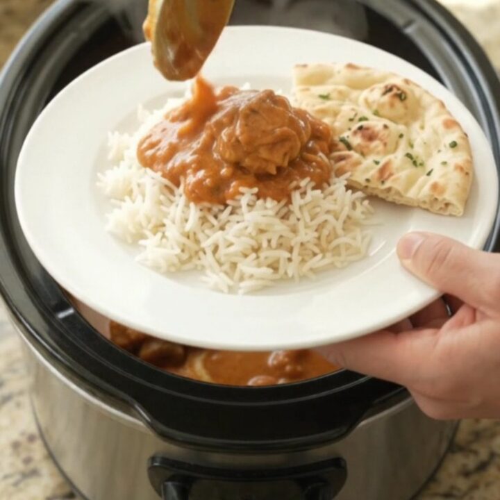 Slow cooker makhani chicken with creamy orange sauce, garnished with cilantro