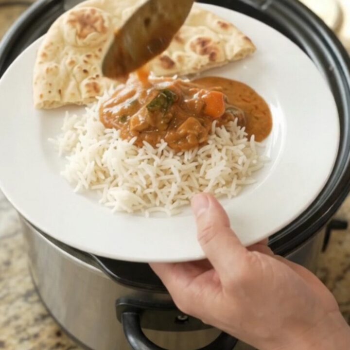 Slow cooker creamy ghee red curry chicken thighs with peppers in a glossy sauce