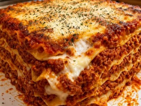 A slice of decadent million-dollar meat lasagna on a white plate with visible layers of sauce and cheese.