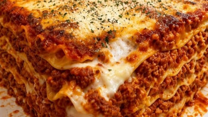 A slice of decadent million-dollar meat lasagna on a white plate with visible layers of sauce and cheese.