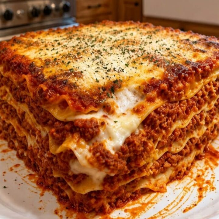A slice of decadent million-dollar meat lasagna on a white plate with visible layers of sauce and cheese.