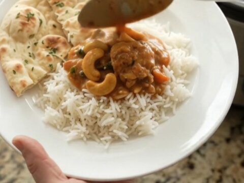 Slow cooker filled with red curry chicken thighs and creamy sauce