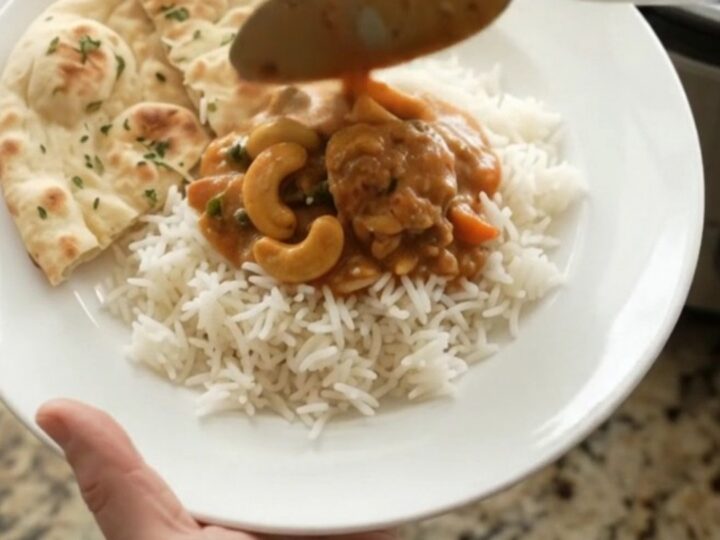 Slow cooker filled with red curry chicken thighs and creamy sauce