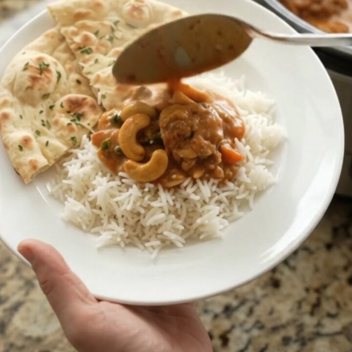 Slow cooker filled with red curry chicken thighs and creamy sauce