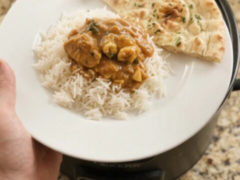 Slow cooker makhani chicken thighs in a glossy black pot, with rich orange-red sauce and butter pieces on top.
