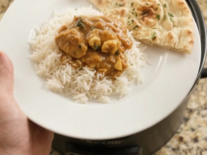 Slow cooker makhani chicken thighs in a glossy black pot, with rich orange-red sauce and butter pieces on top.