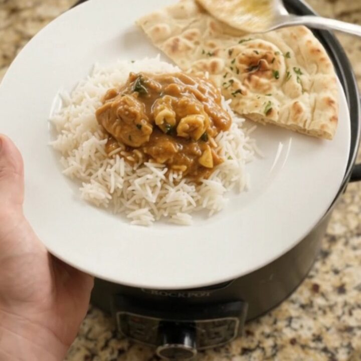 Slow cooker makhani chicken thighs in a glossy black pot, with rich orange-red sauce and butter pieces on top.