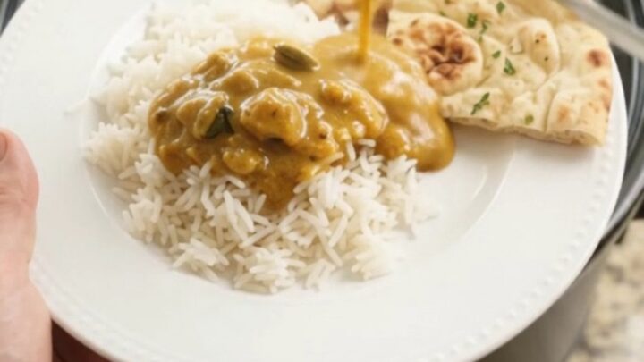 Golden korma chicken thighs in a slow cooker with coconut cream sauce and cilantro