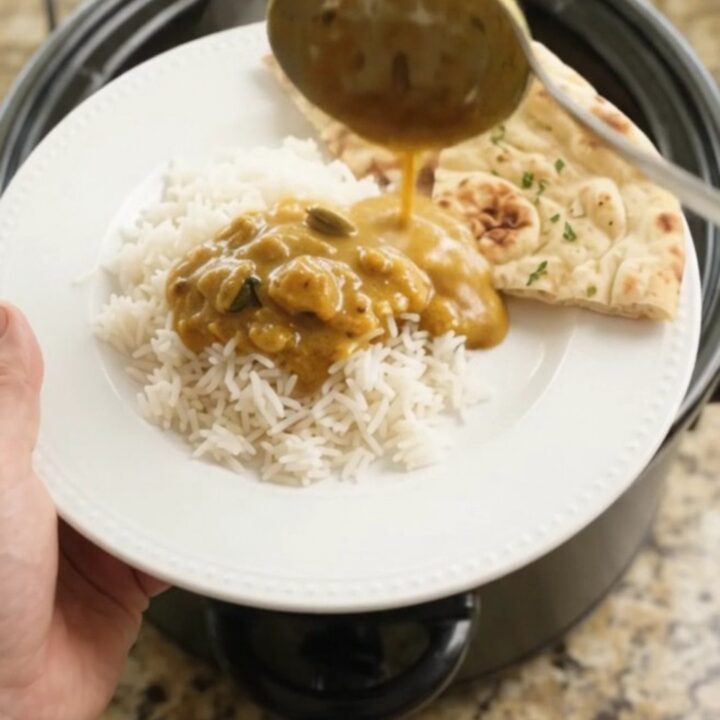 Golden korma chicken thighs in a slow cooker with coconut cream sauce and cilantro