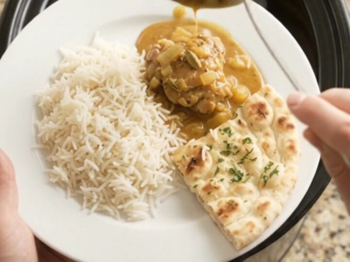 Slow cooker garlic butter korma chicken thighs in golden sauce