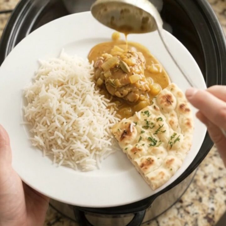 Slow cooker garlic butter korma chicken thighs in golden sauce