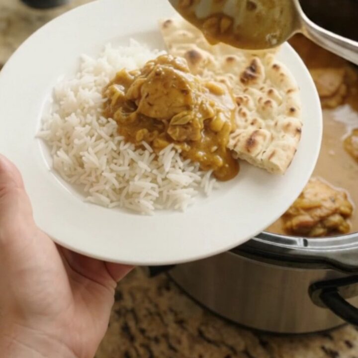 Slow cooker full of creamy golden korma chicken thighs with steam rising