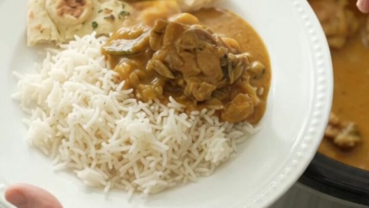 Slow cooker creamy ghee korma chicken thighs in golden turmeric sauce